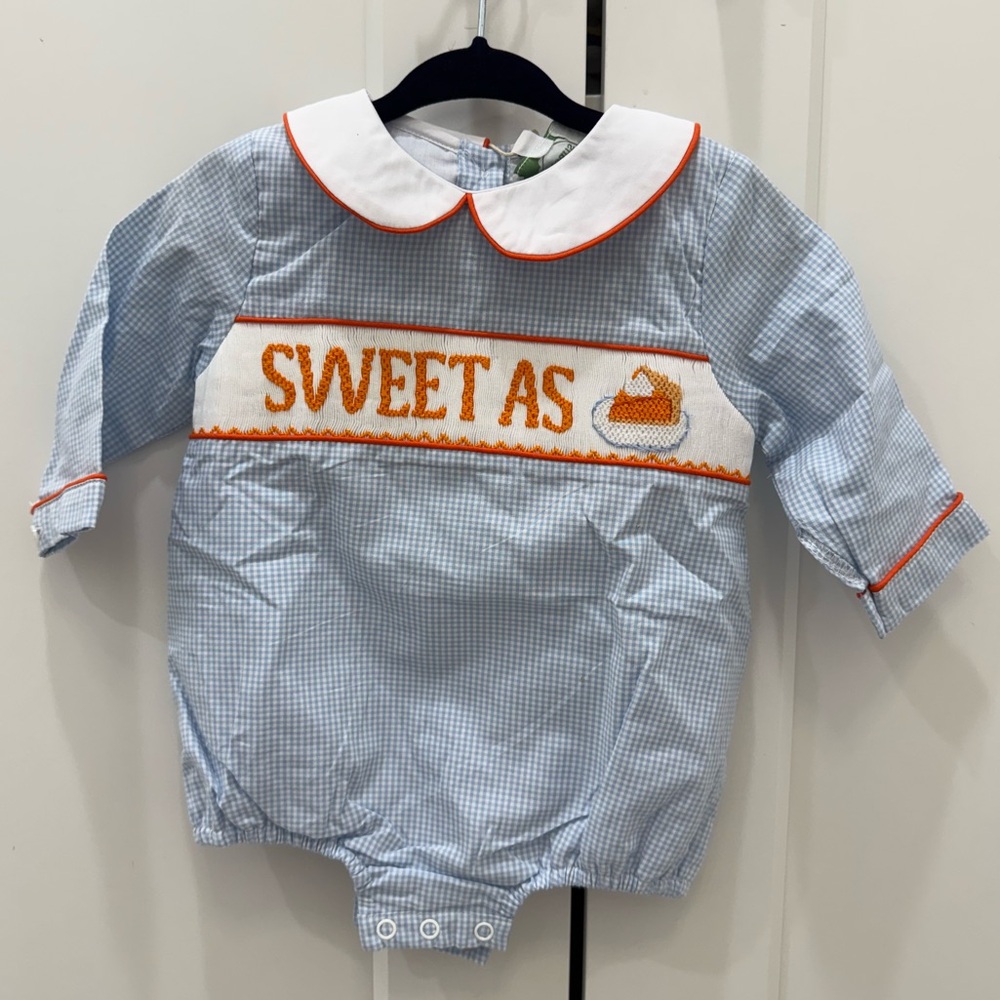little sloans Blue Gingham smocked Baby Romper pie thanksgiving